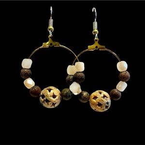 NWT Handmade Natural Jasper & Agate stone dangle 18K gold plated hoop Earrings